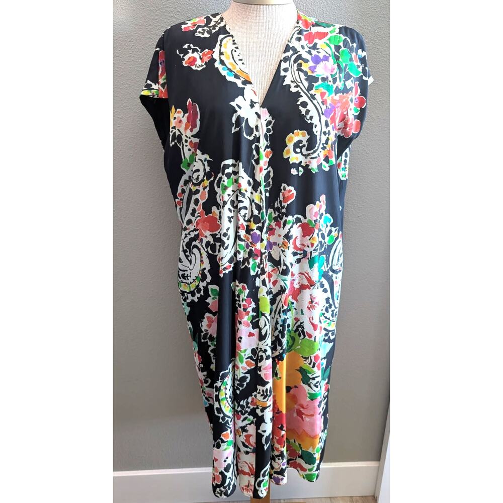 Womens Lauren Ralph Lauren Watercolor Floral Midi Kaftan Shift Black Sz 14